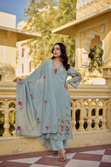 Pastel Blue Organza Kurta Pant Set with Zardozi & Floral Embroidery