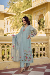 Pastel Blue Organza Kurta Pant Set with Zardozi & Floral Embroidery