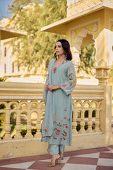 Pastel Blue Organza Kurta Pant Set with Zardozi & Floral Embroidery