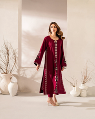 Elegant Red Embroidered Long Kurta & Matching Pant Set