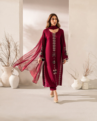 Elegant Red Embroidered Long Kurta & Matching Pant Set