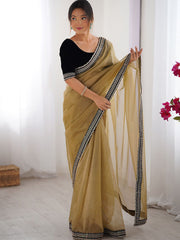Champagne Gold Organza Saree with Embroidered Border & Velvet Blouse Piece