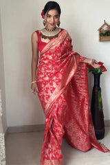 Royal Crimson Banarasi Silk Saree with Elegant Jaal Weave & Sleeveless Contemporary Blouse