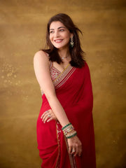 Bollywood Style Ruby Red Saree - Intricate Zari Work Border for Weddings & Parties
