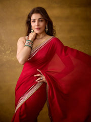 Bollywood Style Ruby Red Saree - Intricate Zari Work Border for Weddings & Parties