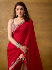 Bollywood Style Ruby Red Saree - Intricate Zari Work Border for Weddings & Parties