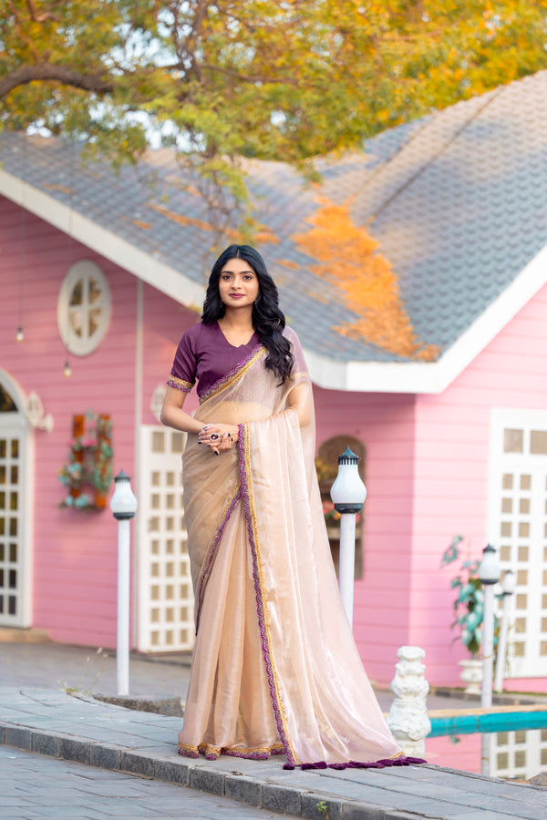 Elegant Rose-Gold Tissue Organza Saree with Scalloped Purple Border & Matching Blouse