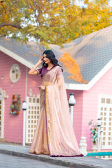 Elegant Rose-Gold Tissue Organza Saree with Scalloped Purple Border & Matching Blouse