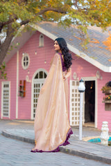 Elegant Rose-Gold Tissue Organza Saree with Scalloped Purple Border & Matching Blouse