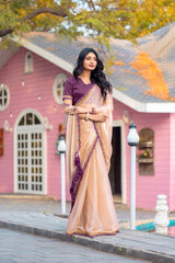 Elegant Rose-Gold Tissue Organza Saree with Scalloped Purple Border & Matching Blouse