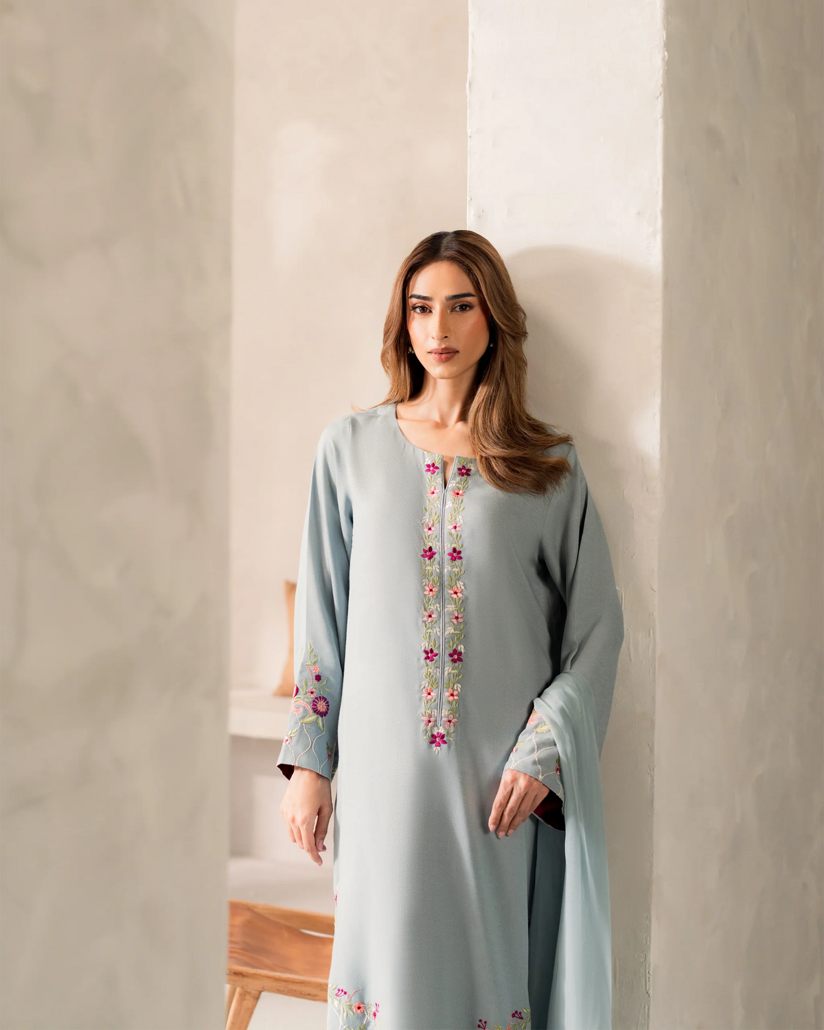 Pastel Blue Embroidered Straight Kurta Set with Dupatta