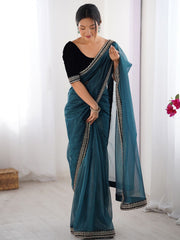 Midnight Teal Organza Saree with Embroidered Velvet Blouse Piece