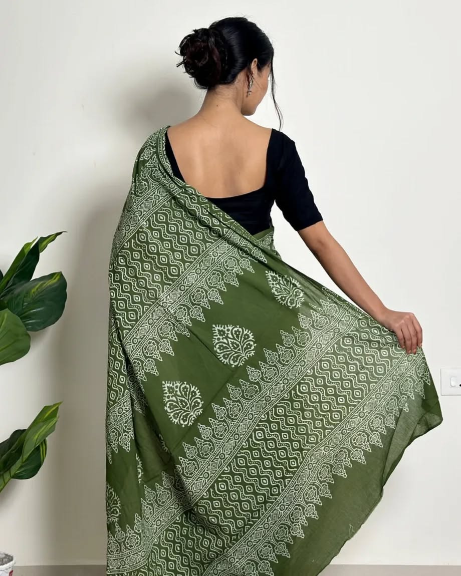 Olive Green Hand-Block Printed Cotton Saree with Elegant Border