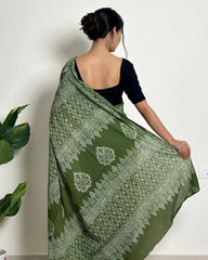 Olive Green Hand-Block Printed Cotton Saree with Elegant Border