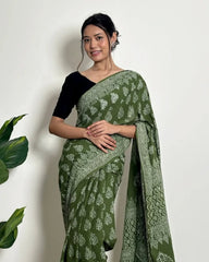 Olive Green Hand-Block Printed Cotton Saree with Elegant Border