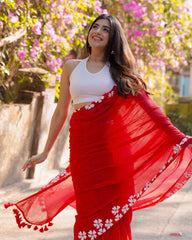 Ruby Red Chiffon Saree with Hand-Painted Floral Borders & Halter Neck Blouse