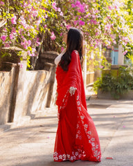 Ruby Red Chiffon Saree with Hand-Painted Floral Borders & Halter Neck Blouse