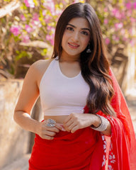 Ruby Red Chiffon Saree with Hand-Painted Floral Borders & Halter Neck Blouse