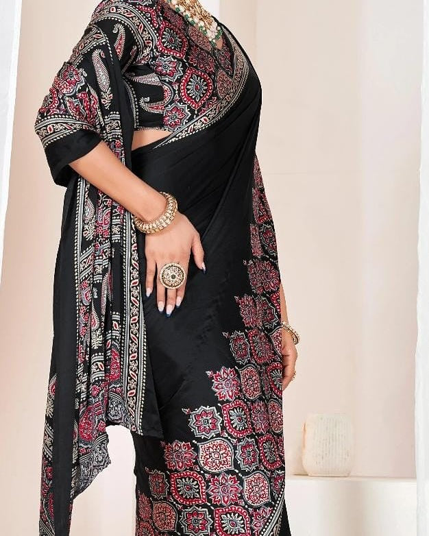 Black Ajrakh Fusion Saree – Pure Satin Silk with Hand-Block Printed Border & Designer Halter Blouse