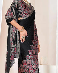Black Ajrakh Fusion Saree – Pure Satin Silk with Hand-Block Printed Border & Designer Halter Blouse