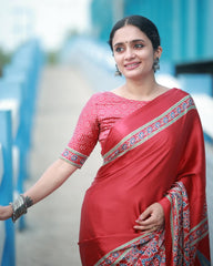 Royal Crape Ajrakh-Print Saree in Soft Silk – Handcrafted Border & Pallu with Matching Polka-Dot Blouse Piece
