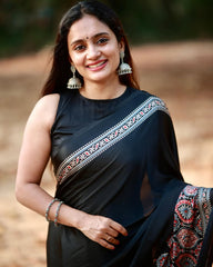 Black Ajrakh Fusion Saree – Pure Satin Silk with Hand-Block Printed Border & Designer Halter Blouse