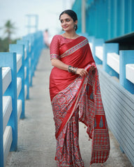 Royal Crape Ajrakh-Print Saree in Soft Silk – Handcrafted Border & Pallu with Matching Polka-Dot Blouse Piece