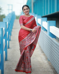 Royal Crape Ajrakh-Print Saree in Soft Silk – Handcrafted Border & Pallu with Matching Polka-Dot Blouse Piece