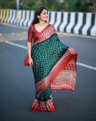 Festive Glamour Silk Saree – Deep Green & Maroon Bandhani Style with Matching Blouse Piece