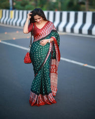 Festive Glamour Silk Saree – Deep Green & Maroon Bandhani Style with Matching Blouse Piece