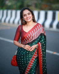 Festive Glamour Silk Saree – Deep Green & Maroon Bandhani Style with Matching Blouse Piece