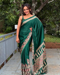 Green Crepe Saree with Kalamkari Print Border & Minimalist Sleeveless Blouse