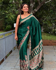 Green Crepe Saree with Kalamkari Print Border & Minimalist Sleeveless Blouse
