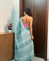 Seafoam Blue Mul Cotton Saree | Hand-Block Print | Ethnic Wear for Women