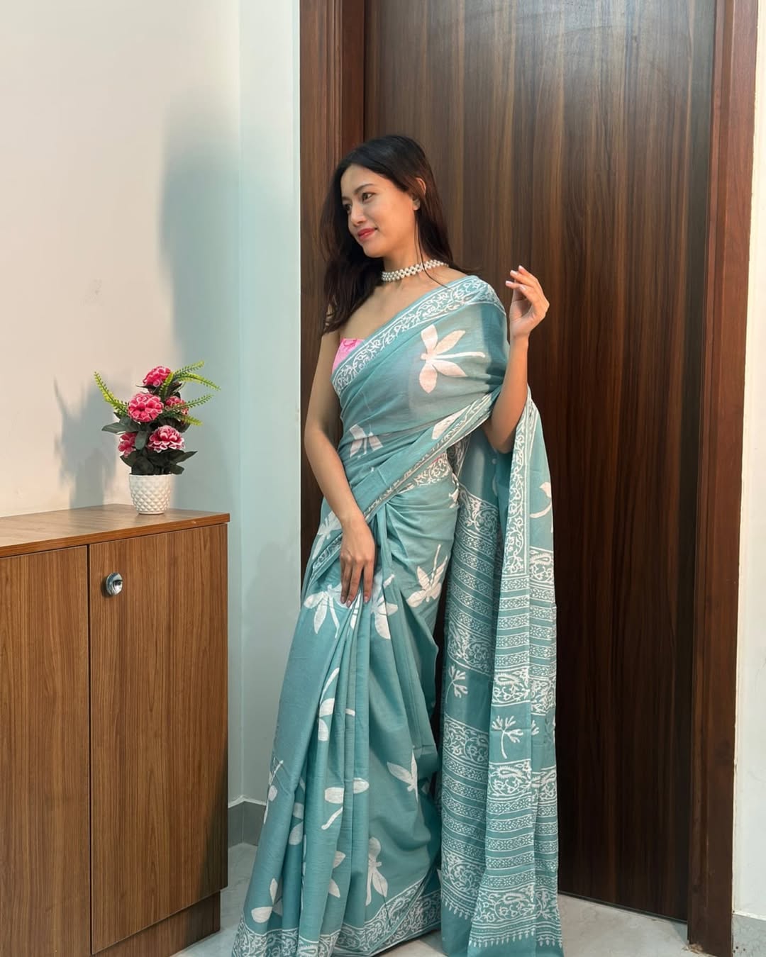Seafoam Blue Mul Cotton Saree | Hand-Block Print | Ethnic Wear for Women