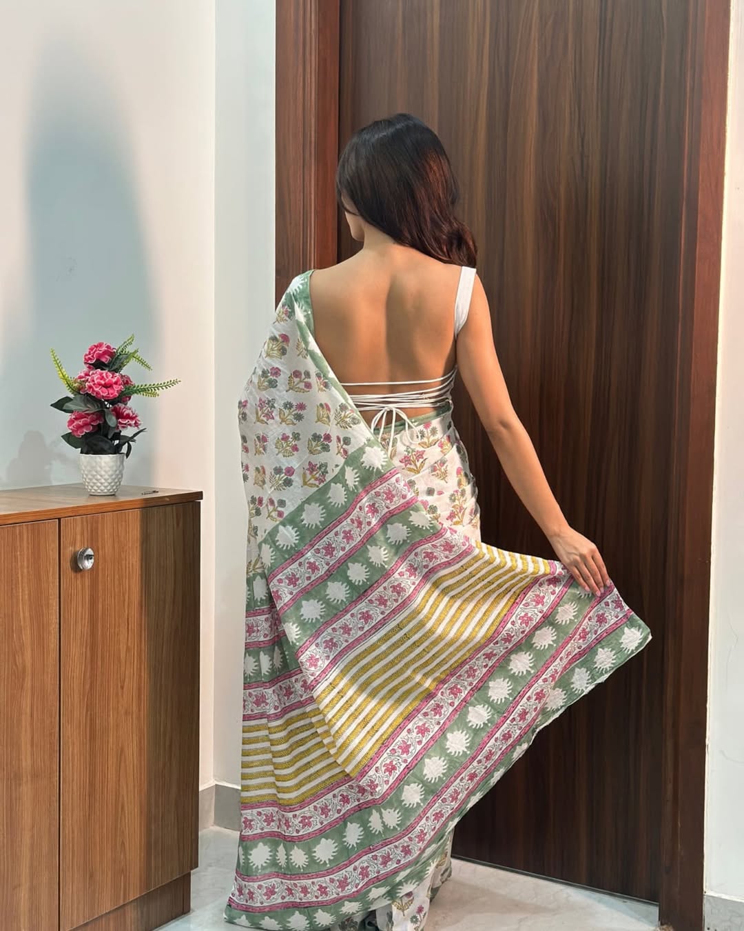 raditional Floral Hand-Block Printed Cotton Saree | Lightweight Ethnic Wear for Summer