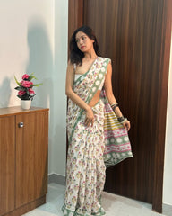 raditional Floral Hand-Block Printed Cotton Saree | Lightweight Ethnic Wear for Summer