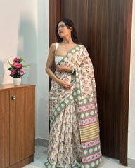 raditional Floral Hand-Block Printed Cotton Saree | Lightweight Ethnic Wear for Summer