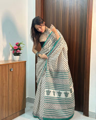 Elegance in Cotton: Hand-Block Print Saree in Ivory & Emerald Green with Boho-Chic Blouse Piece