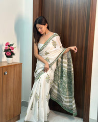 Elegant Off-White & Sage Green Hand-Block Print Cotton Saree with Modern Strapless Blouse