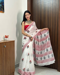 Premium White Cotton Hand-Block Printed Saree with Red Floral Buttis