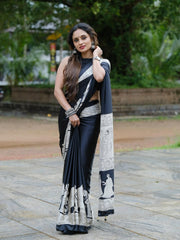 Elegant Midnight Black Crape Silk Saree with Hand-Block Inspired Elephant & Figurine Prints