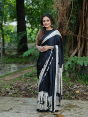 Elegant Midnight Black Crape Silk Saree with Hand-Block Inspired Elephant & Figurine Prints