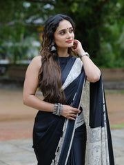 Elegant Midnight Black Crape Silk Saree with Hand-Block Inspired Elephant & Figurine Prints