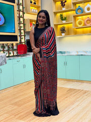 Elegant Multi-Color Striped Ajrakh Print Saree with Contrast Border