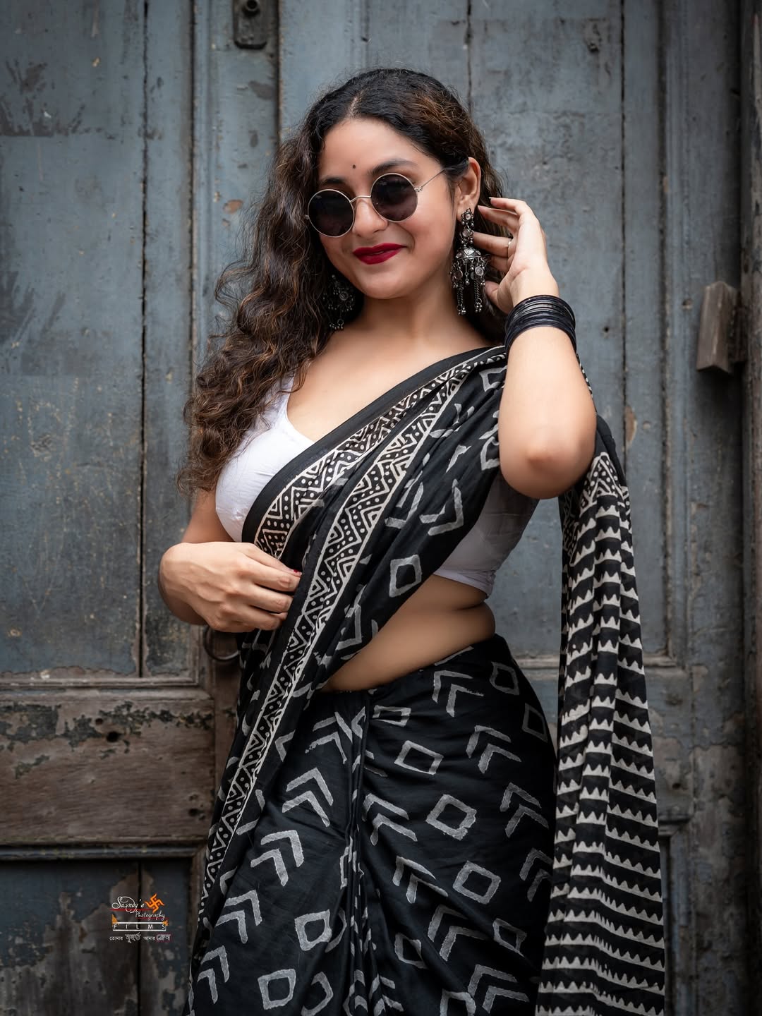 Black Cotton Hand-Block Print Saree | Artisanal Geometric Design | Includes White Crop-Style Blouse Piece