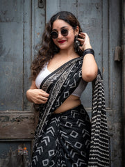 Black Cotton Hand-Block Print Saree | Artisanal Geometric Design | Includes White Crop-Style Blouse Piece