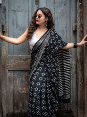 Black Cotton Hand-Block Print Saree | Artisanal Geometric Design | Includes White Crop-Style Blouse Piece