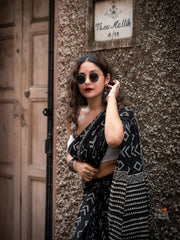 Black Cotton Hand-Block Print Saree | Artisanal Geometric Design | Includes White Crop-Style Blouse Piece