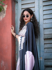 Light Pink and Black Digital Printed Crape Silk Saree